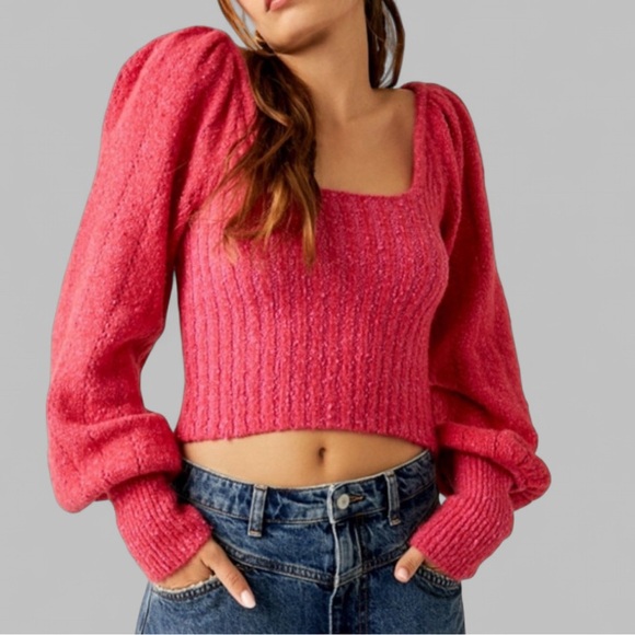 Free People Pink Ribbed Knit Balloon Sleeve Sweater-size Medium-Katie style EUC - Picture 1 of 11